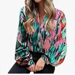 Multicolored Graphic Bishop Sleeve Blouse with Mandarin Collar